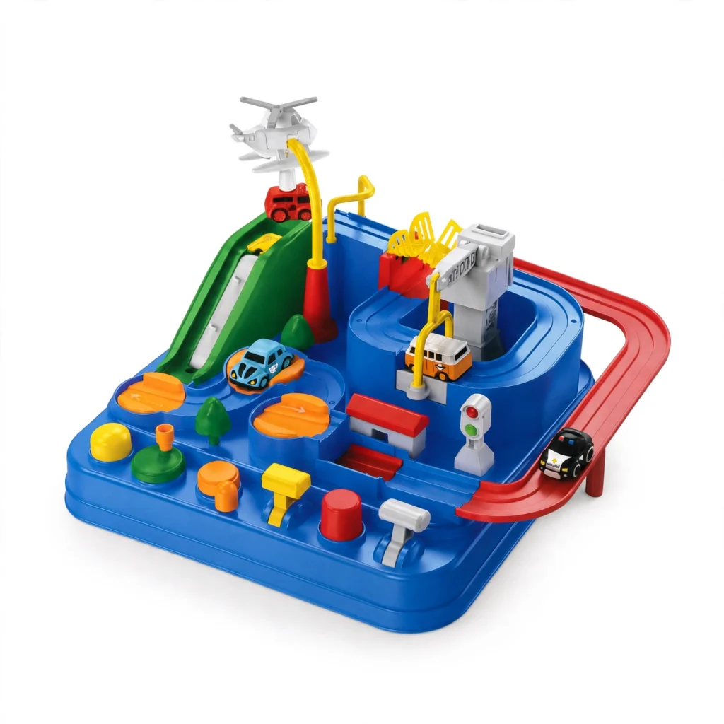 Car Adventure mechanical track toy showing its battery-free play features