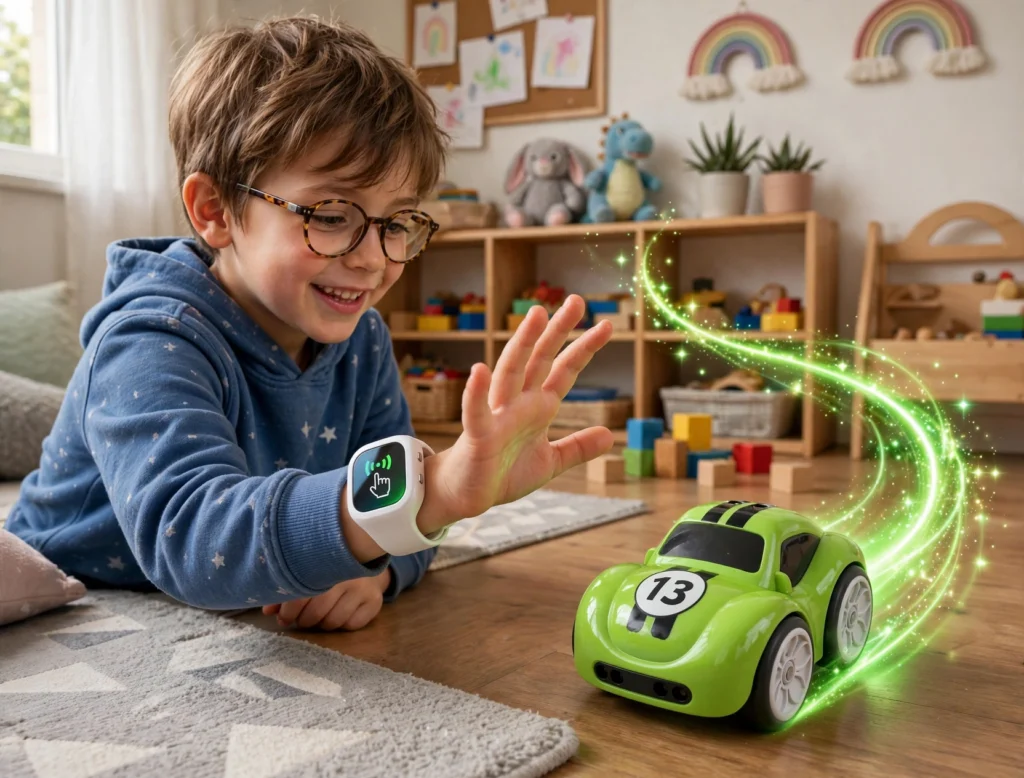 child playing with watch control rc car gesture