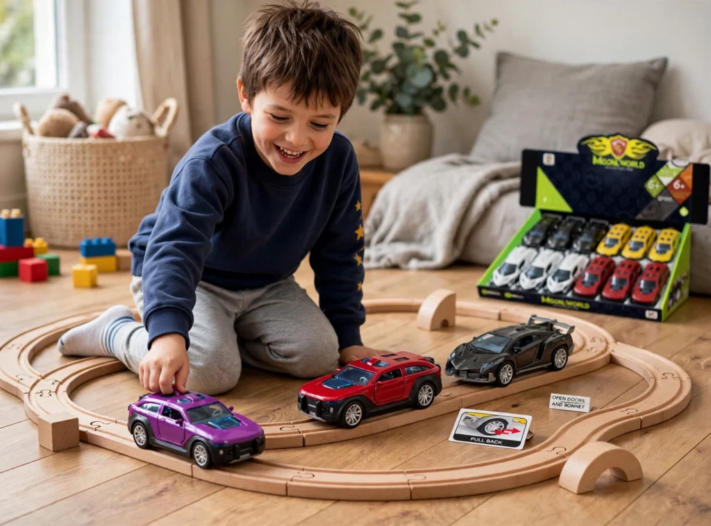 child playing with alloy pull-back die-cast toy cars on wooden track.