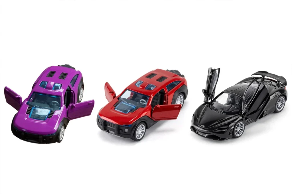 alloy die-cast pull-back model cars in purple red black with openable doors.