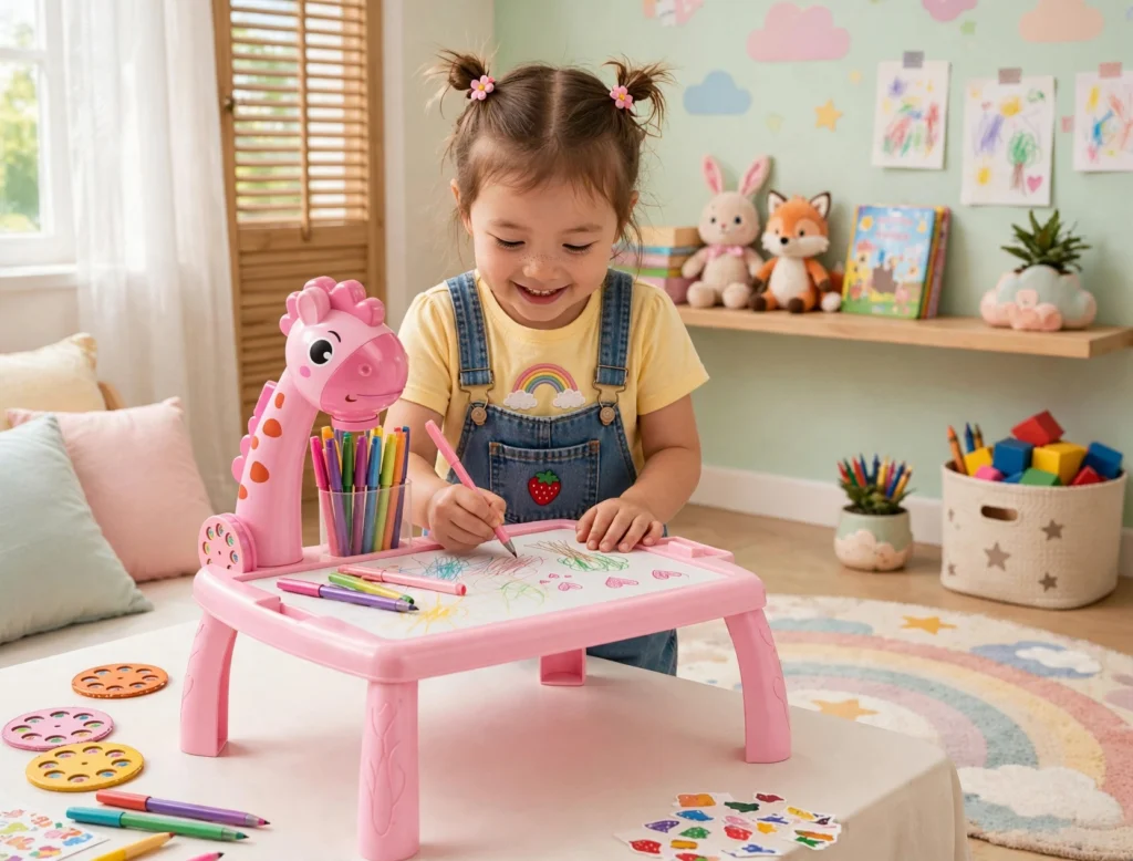 girl using giraffe projection drawing table for kids