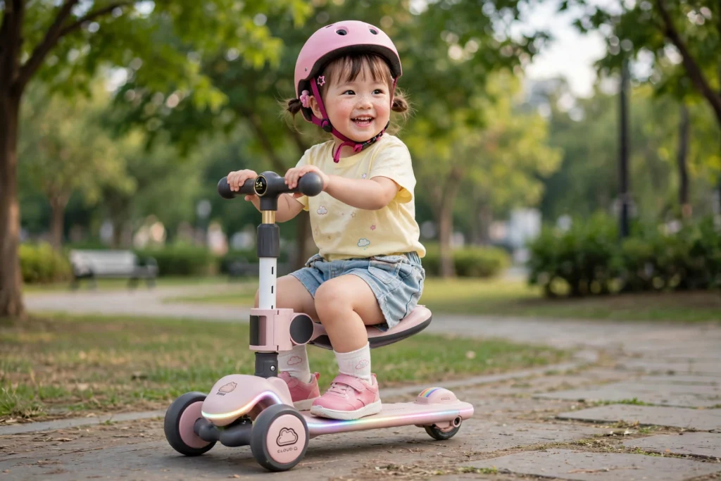 toddler girl riding pink cloud scooter with helmet in park