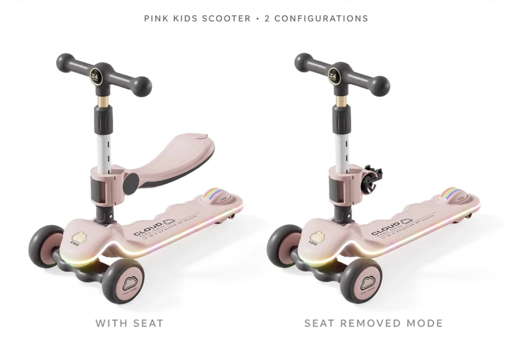 pink kids scooter with seat and without seat comparison