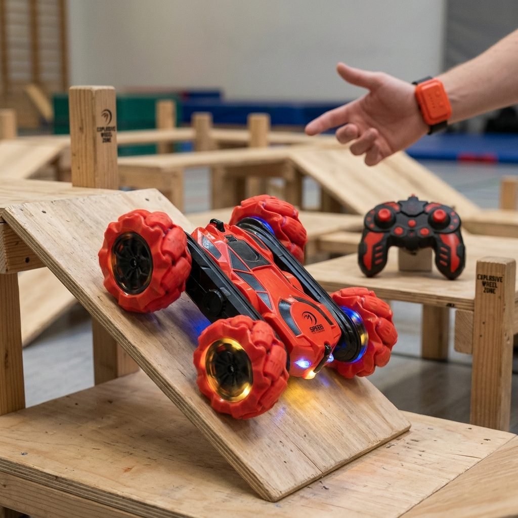 Red Explosive Wheel RC Stunt Car with colorful LED wheel lights