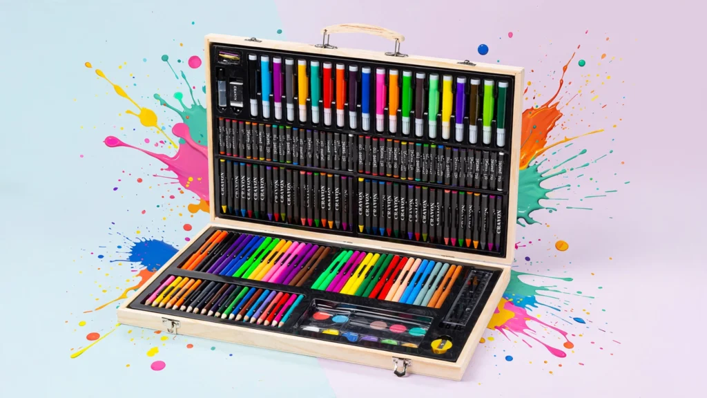 180-piece kids art set with wooden case and drawing supplies