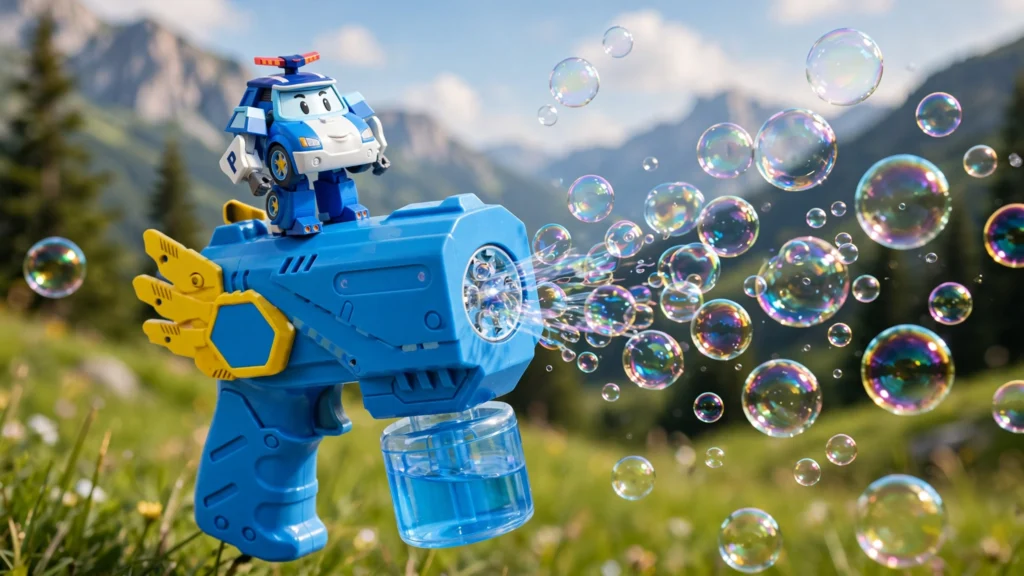 Kids automatic bubble gun toy blowing colorful bubbles outdoors