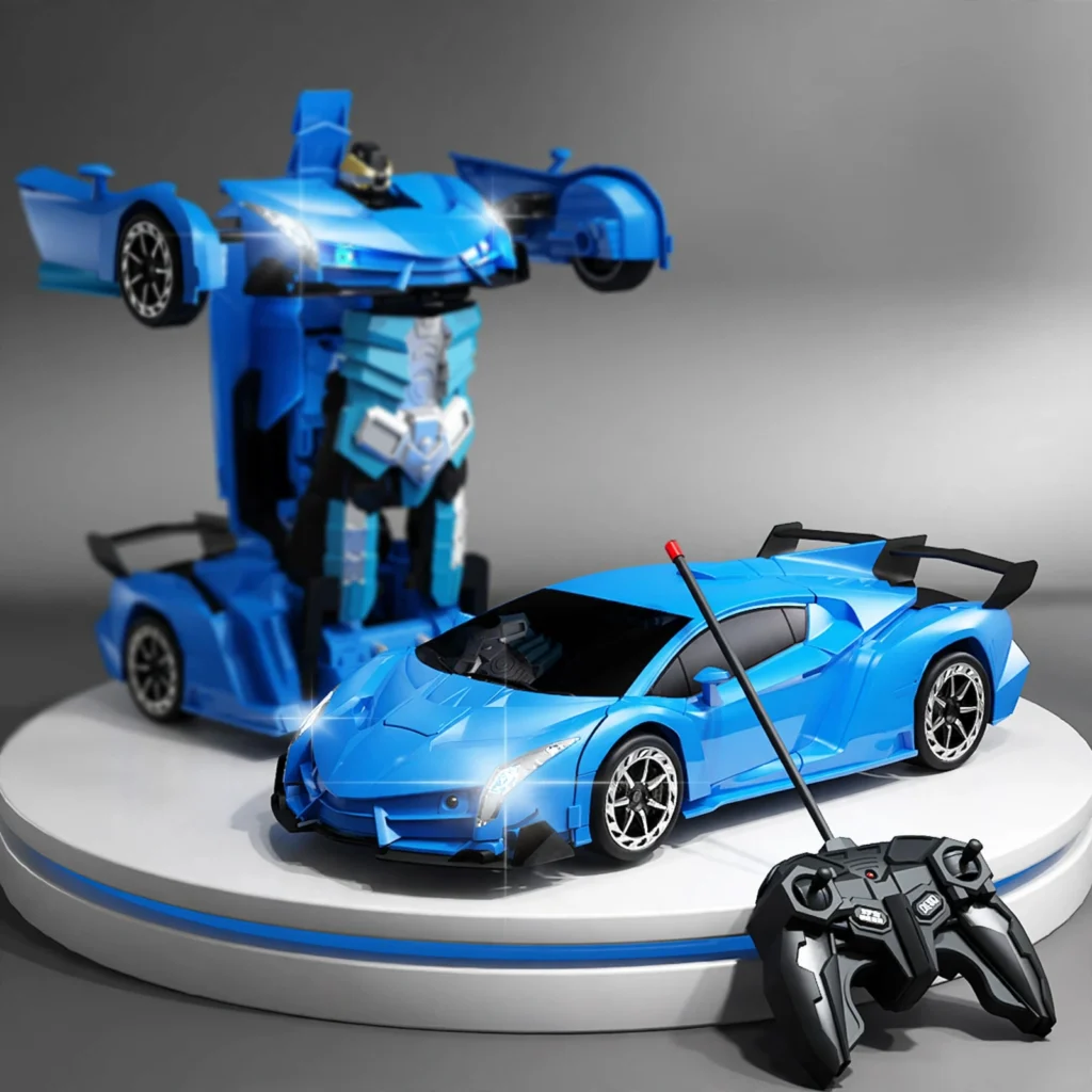 Blue 1:18 RC transforming robot car with handheld remote controller