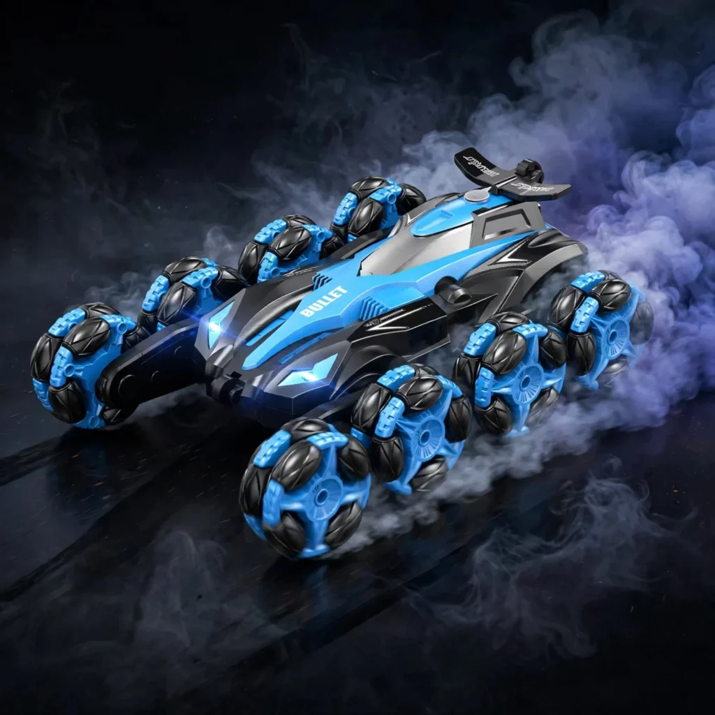 Blue 8-wheel RC stunt car with rear spray and light effects