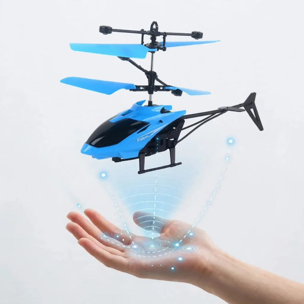 Blue remote control induction helicopter toy on white background