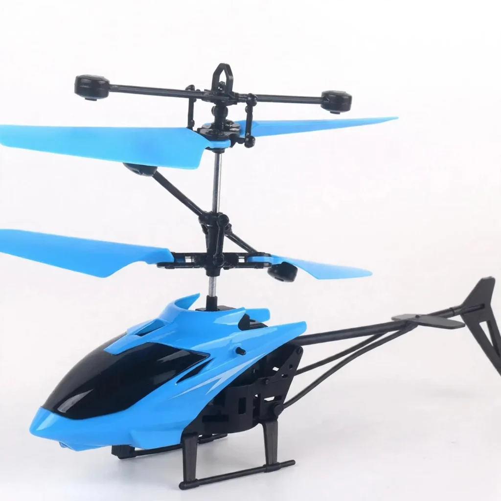 Close-up view of blue RC helicopter toy with dual rotor design
