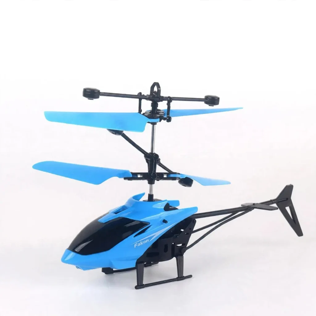 Side view of blue induction RC helicopter toy with dual rotors