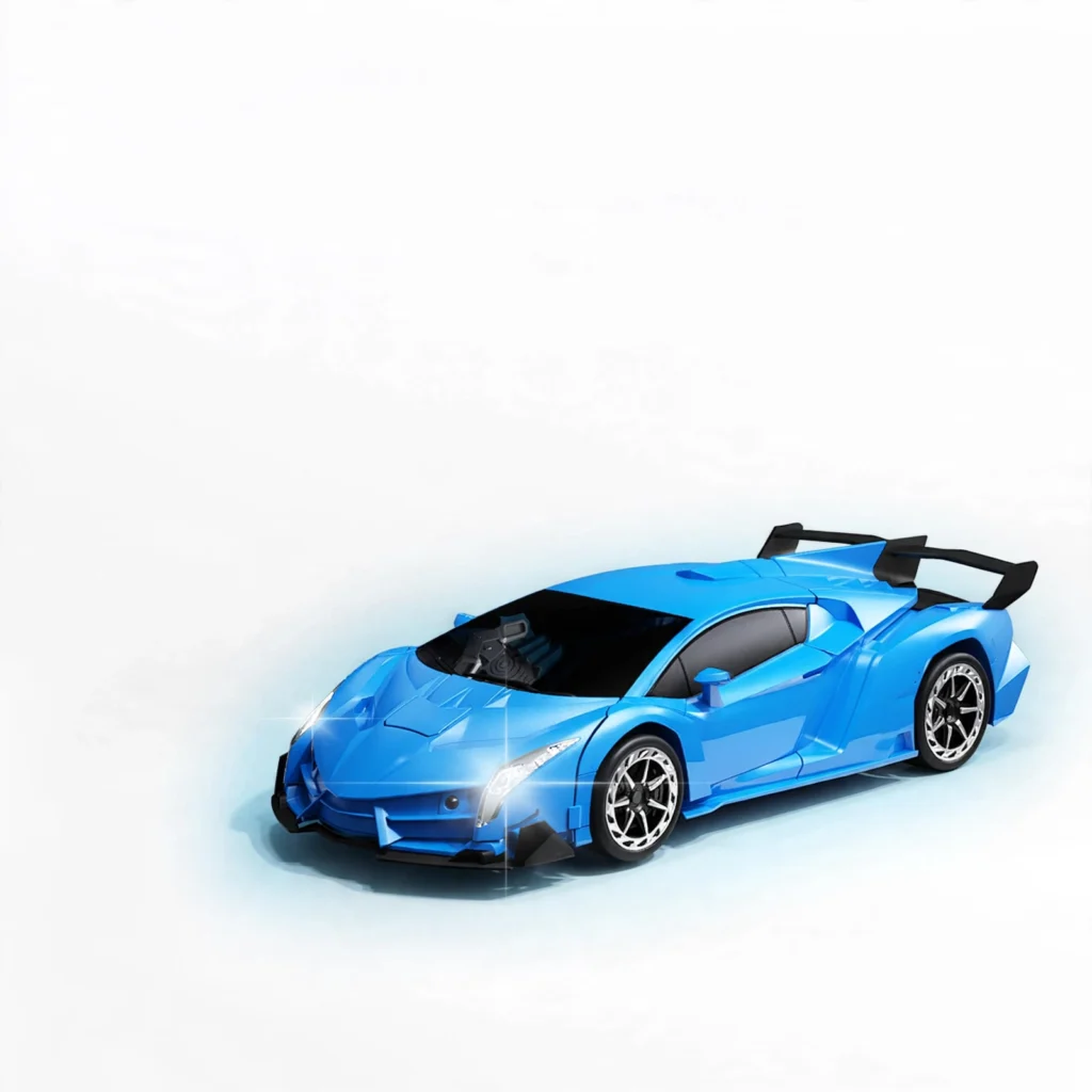 Blue 1:18 RC transforming sports car in vehicle mode