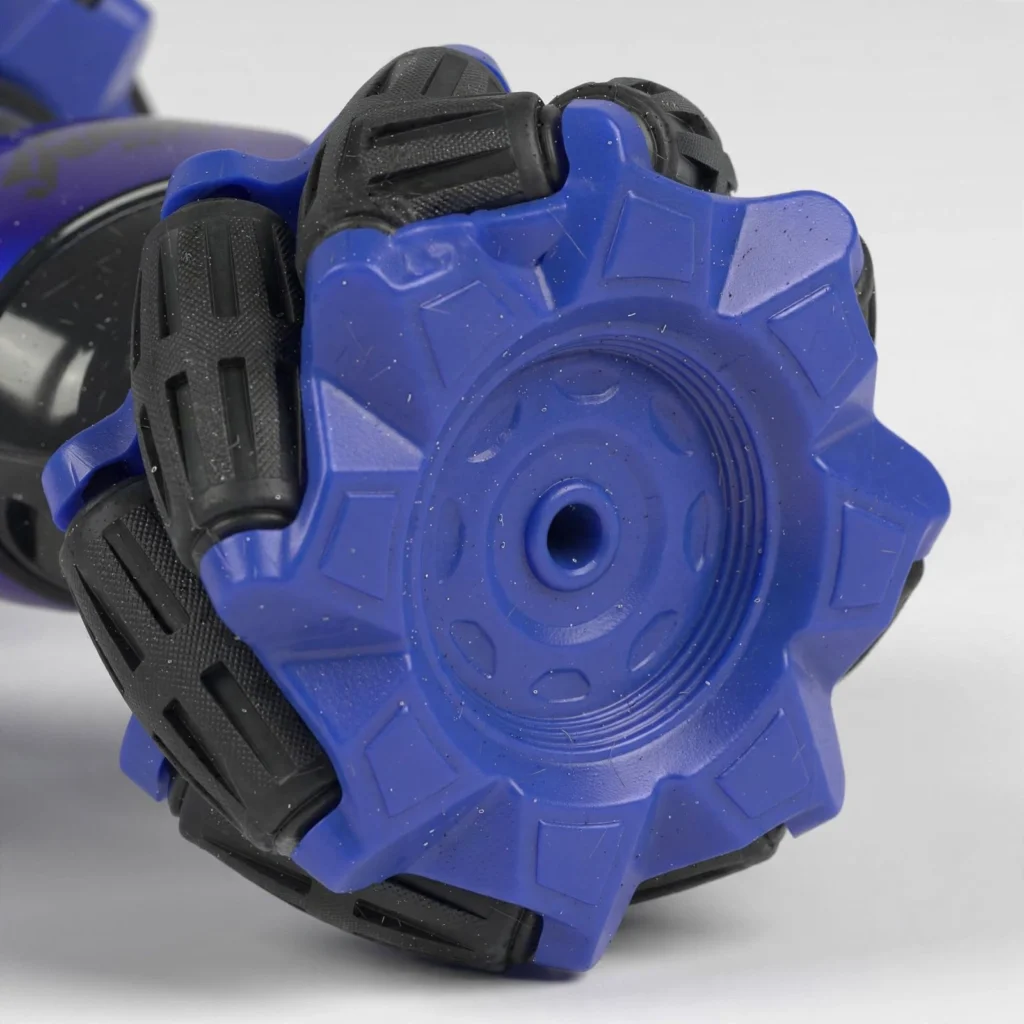 Close-up of omnidirectional wheel on gesture sensing RC stunt car