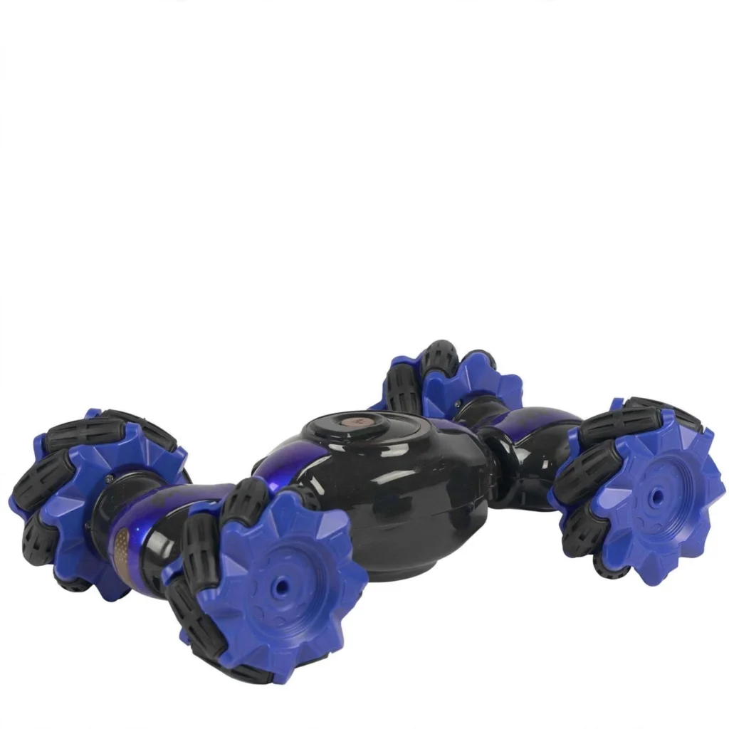 Blue gesture sensing RC stunt car performing an action stunt