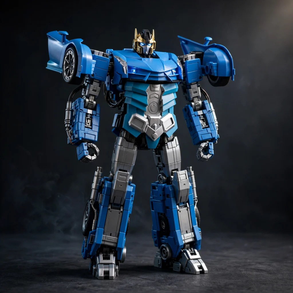 Blue 1:18 RC transforming robot car shown in robot mode