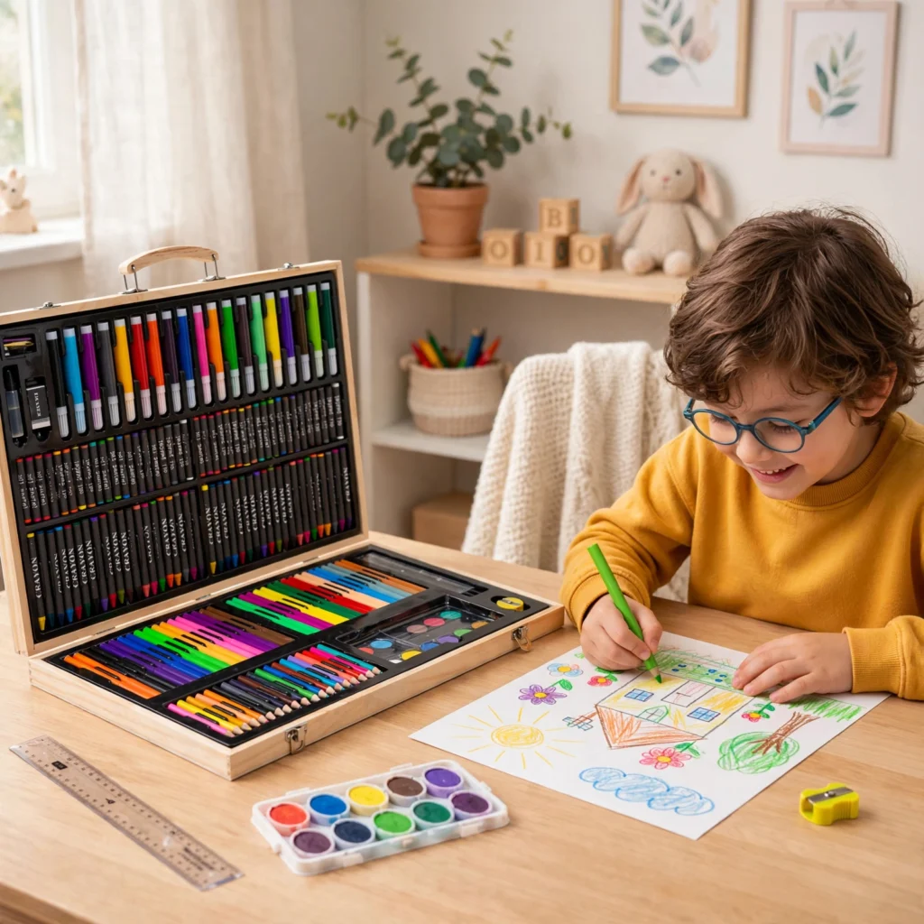 Child drawing and coloring with 180-piece kids art set