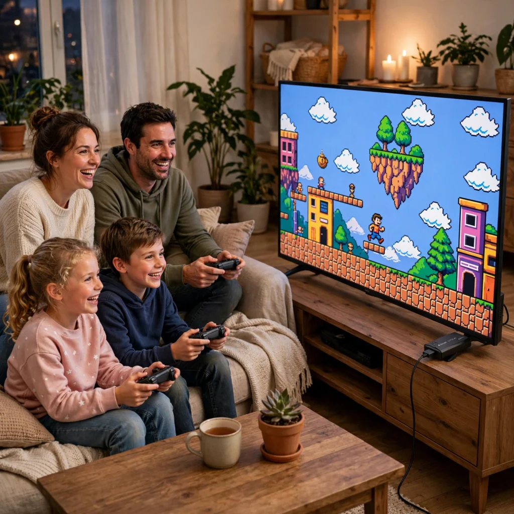 Family playing games together with M8 Game Stick Lite wireless controllers