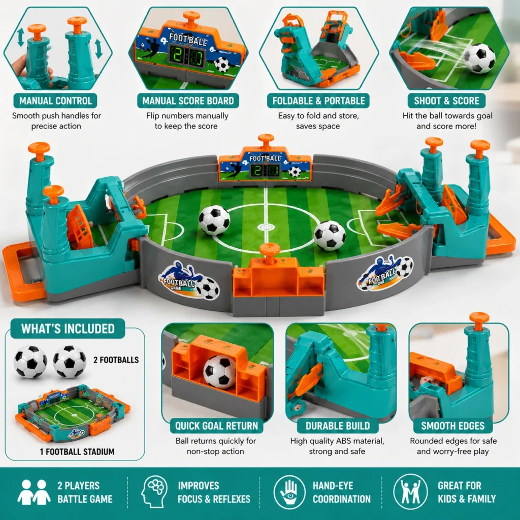 Tabletop Football Game features with manual controls, scoreboard and goal return