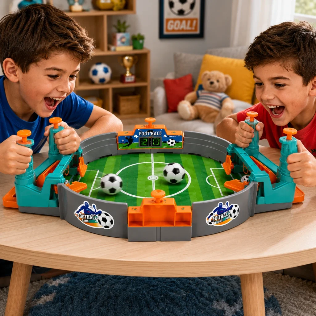 Two kids playing a Tabletop Football Game together