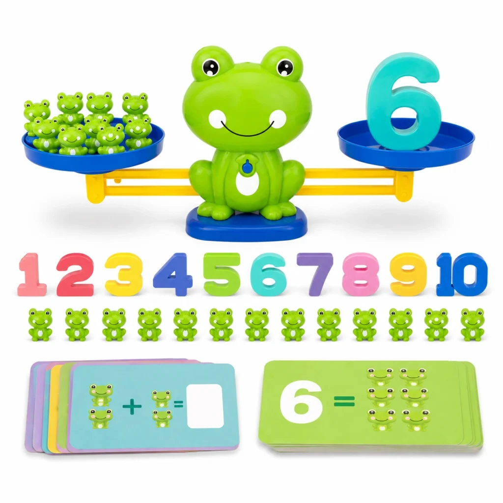 Frog Balance Math Toy set with number weights, frog counters and activity cards