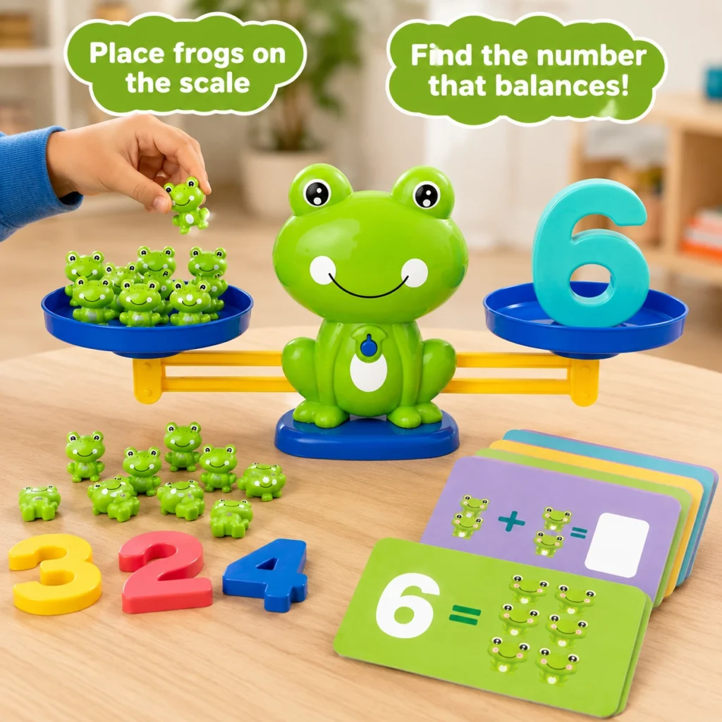 Number weights 1 to 10 and green frog counters from Frog Balance Math Toy