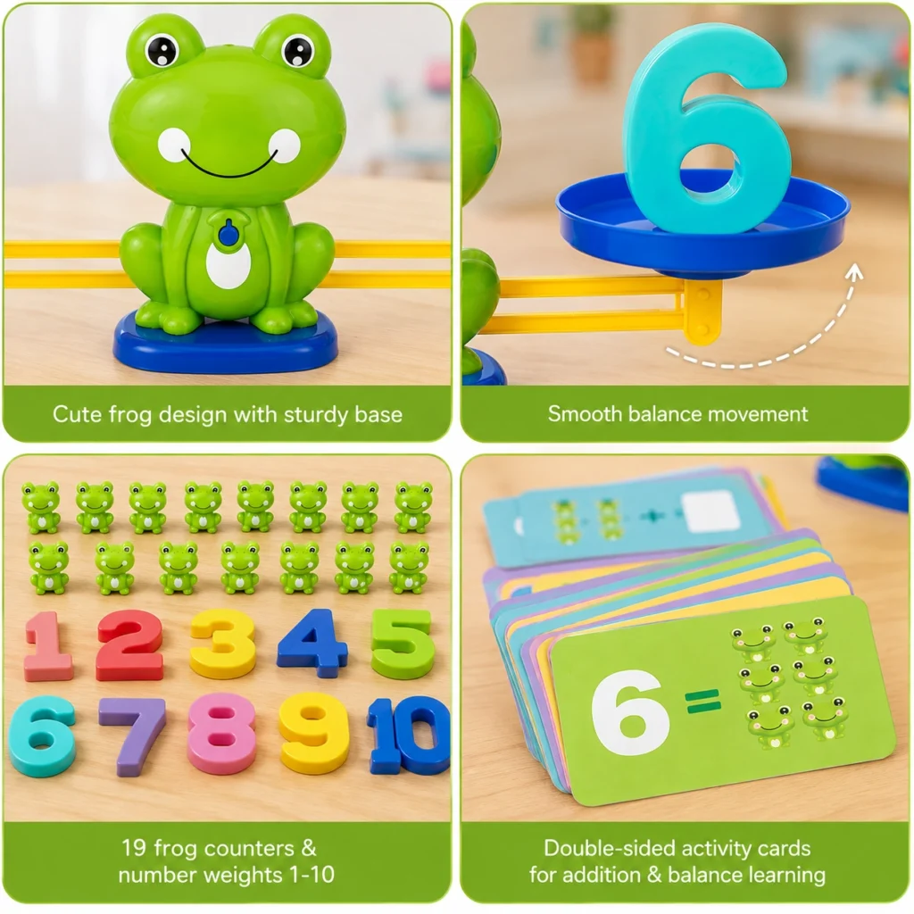 Frog Balance Math Toy activity cards with counting and addition exercises