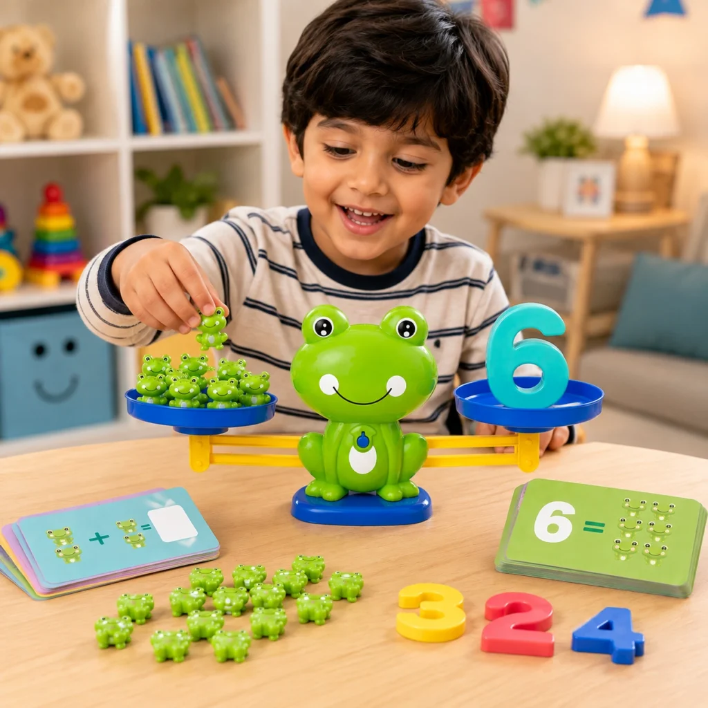 Child balancing number 6 with frog counters on Frog Balance Math Toy