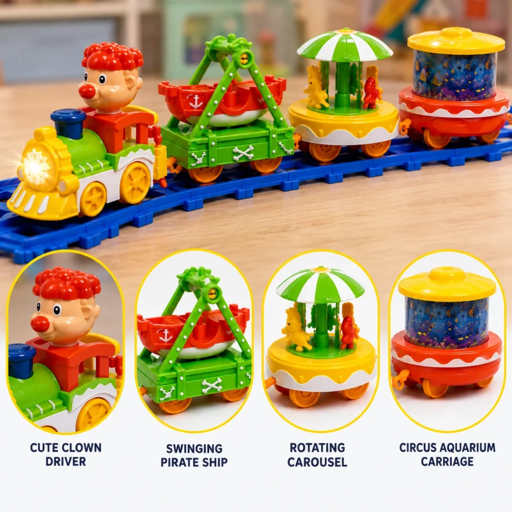 Happy Circus Electric Track Train with music, lights, swinging pirate ship and rotating carousel