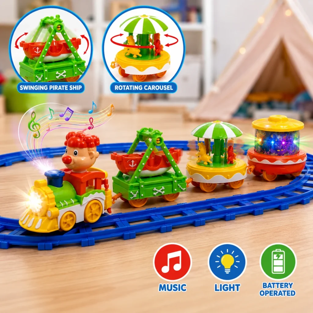 QLEBAO circus train clown locomotive, pirate ship, carousel and aquarium carriages