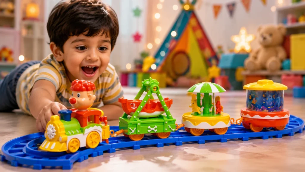 Child playing with QLEBAO Happy Circus Electric Track Train on blue track