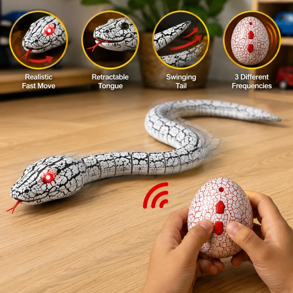 Innovation Snake remote control toy showing tongue, swinging tail and control features