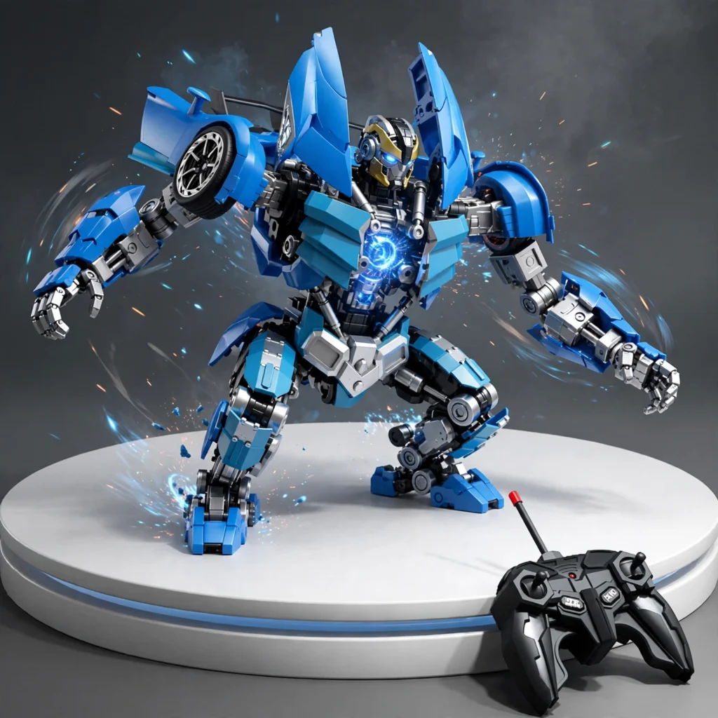 Blue RC transforming robot car in action pose with remote controller