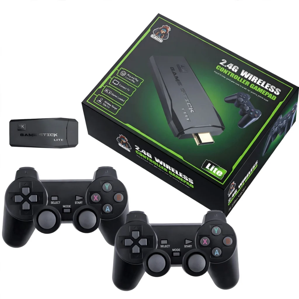 Alt Text:M8 Game Stick Lite console with two wireless controllers and retail box.