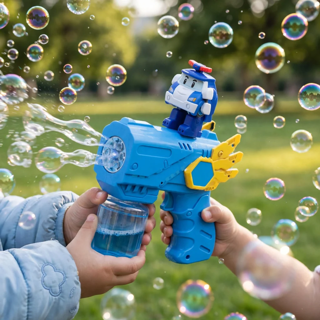 Kids automatic bubble gun blowing colorful bubbles