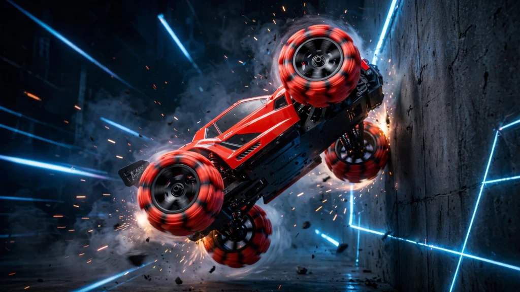 Explosive Wheel RC Stunt Car performing a wall stunt