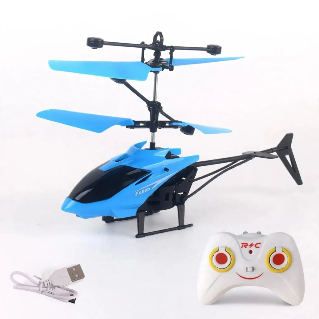 Blue induction RC helicopter toy with dual rotors and landing skids