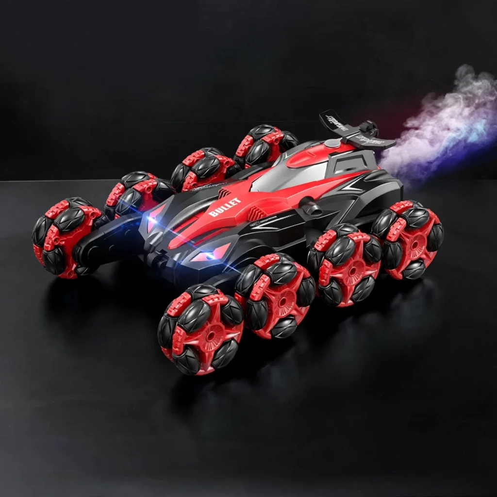 Red 8-wheel deformation RC stunt car performing stunts with spray effect