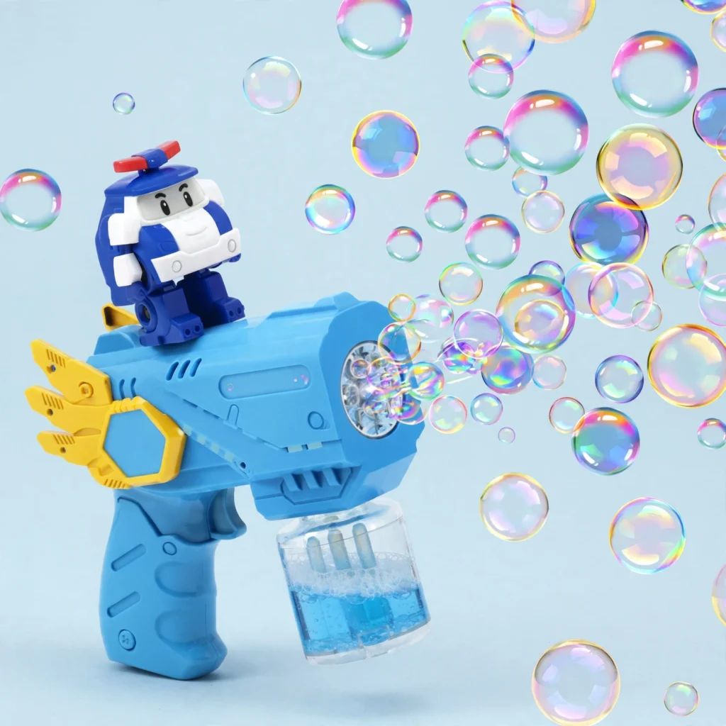 Kids automatic bubble gun toy with bubble solution container