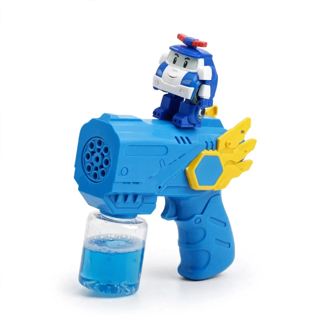 Blue automatic bubble gun toy close-up design