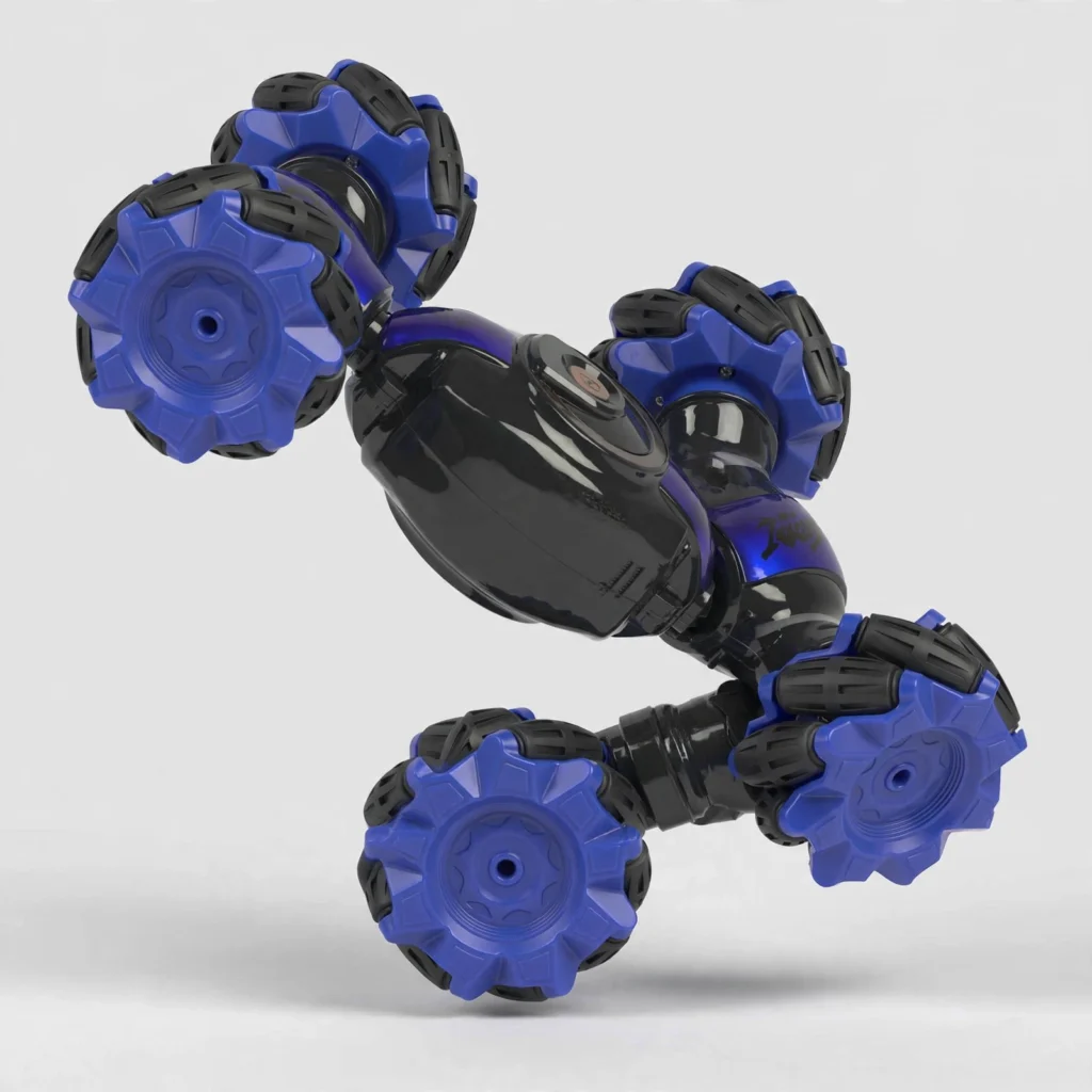 Blue gesture sensing RC stunt car performing a balancing stunt