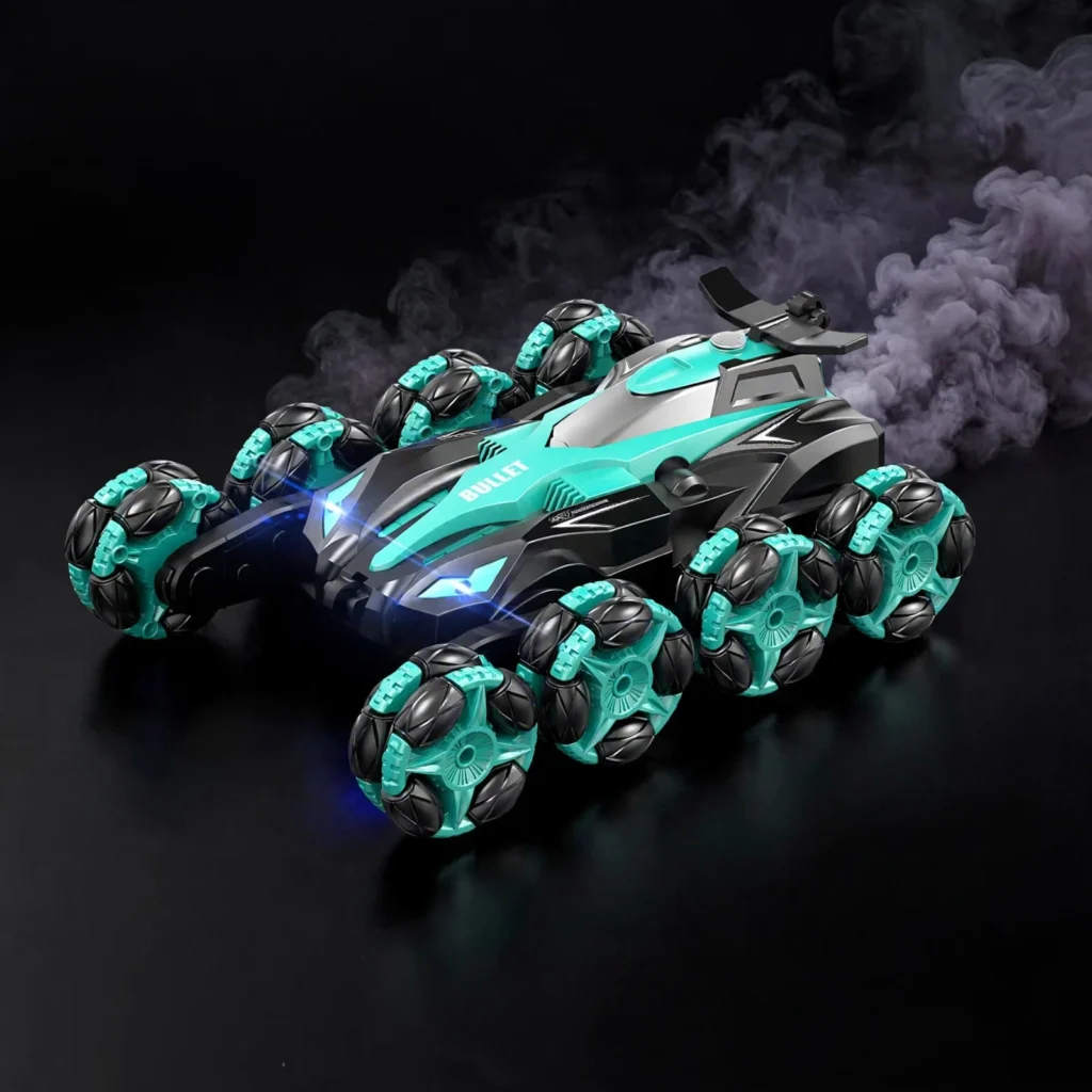 Green 8-wheel deformation RC stunt car with multi-directional wheels