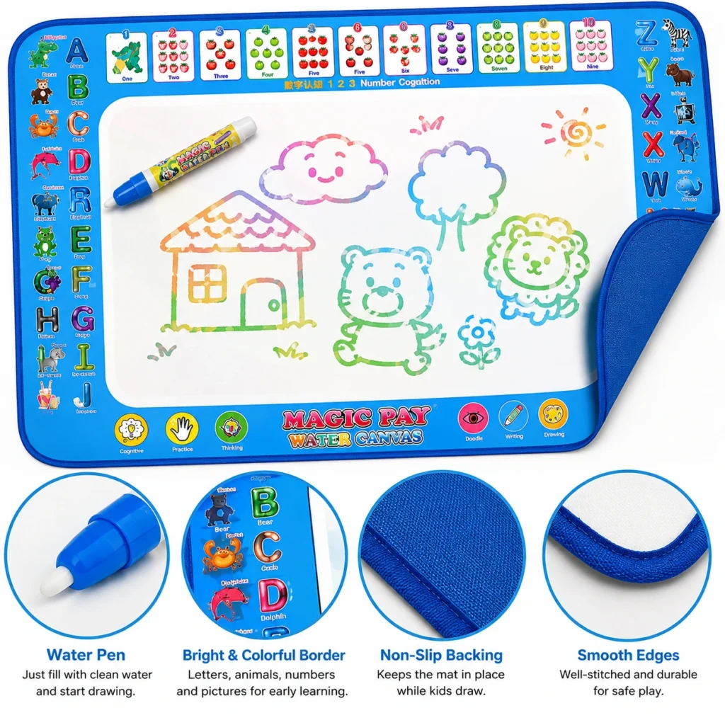 Water Canvas Drawing Mat with water pen, colorful learning border and non-slip backing