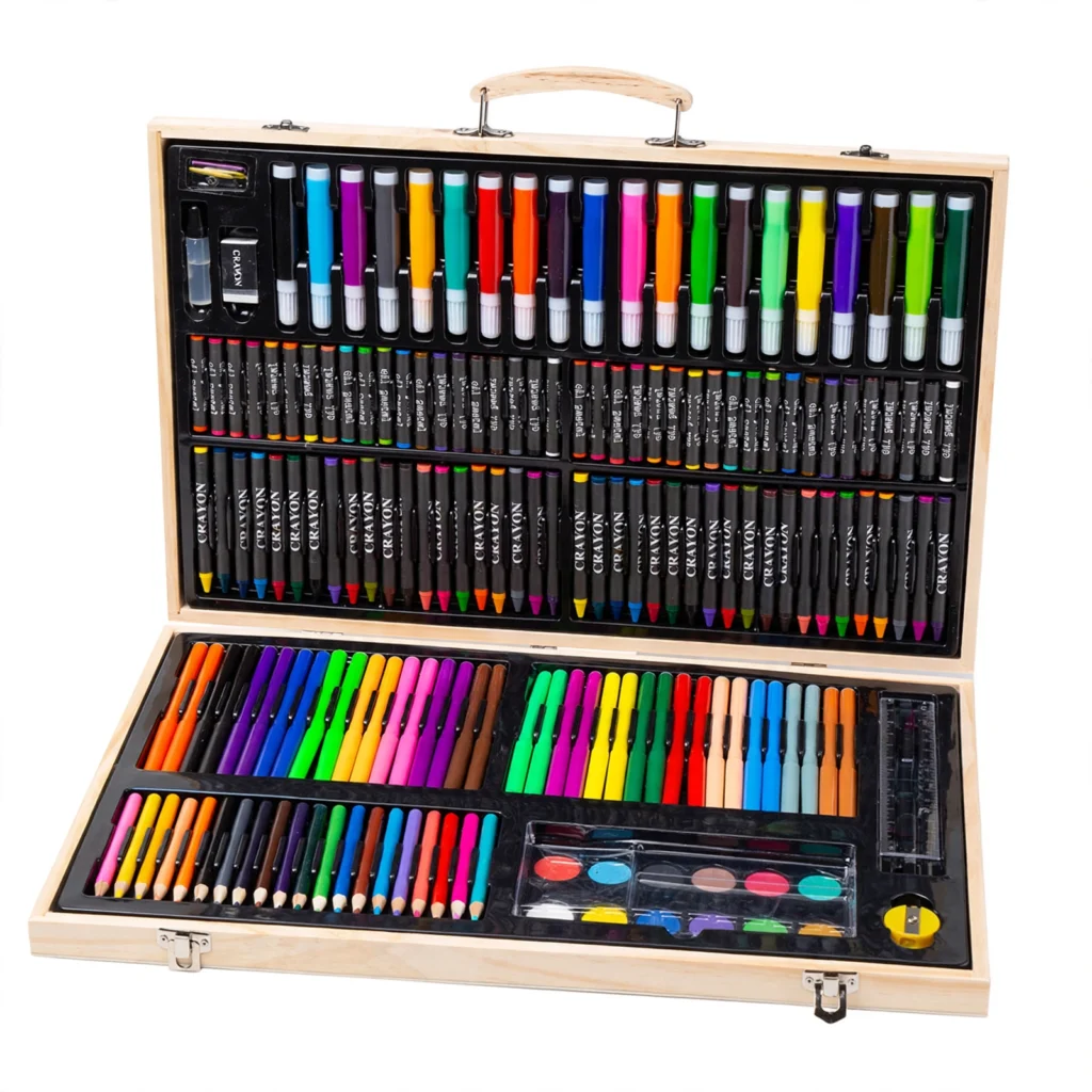 180-piece kids art set with drawing and coloring supplies in wooden case