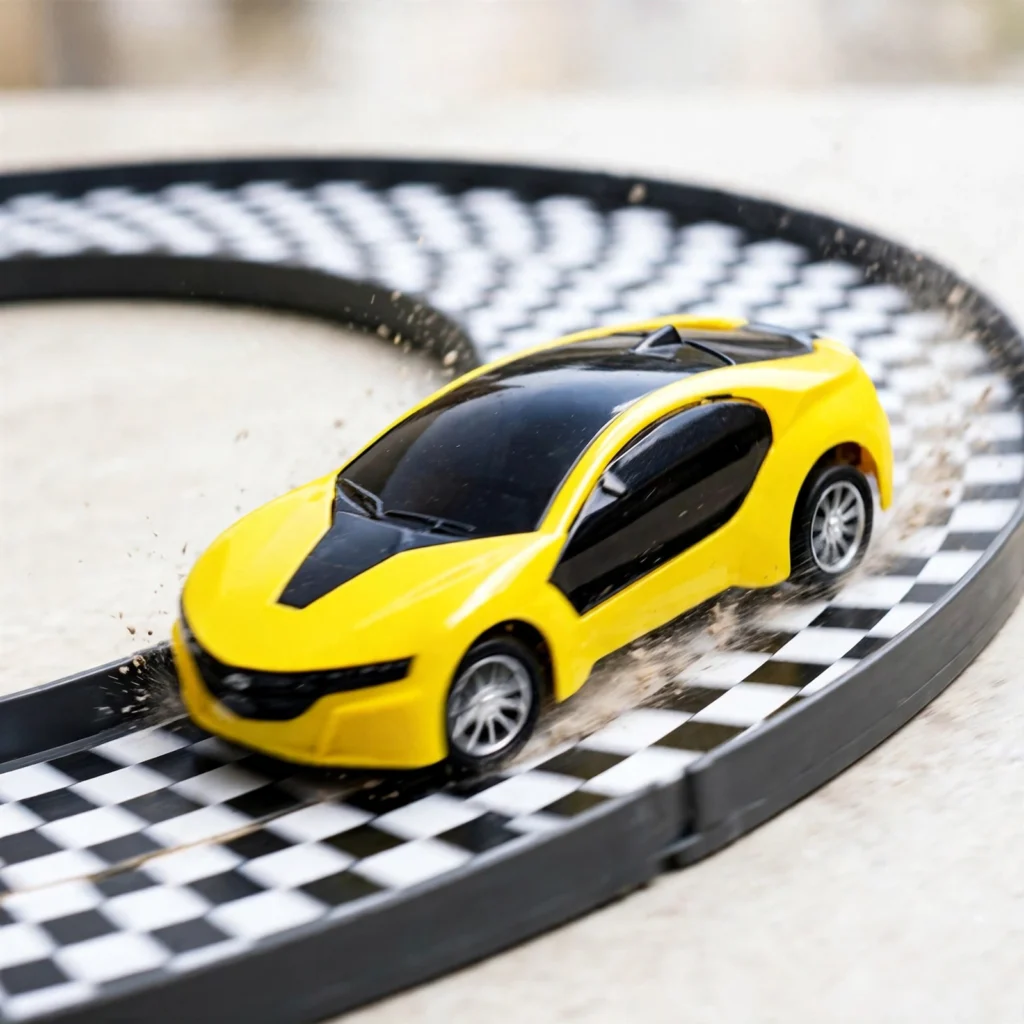 Yellow Fast Modern Car RC sports car on a checkered track